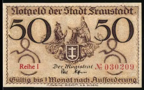 Notgeld Fraustadt, 50 Pfennig, Wappen und historisches Gebäude