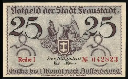 Notgeld Fraustadt, 25 Pfennig, Stadtwappen mit Figuren und historisches Gebäude