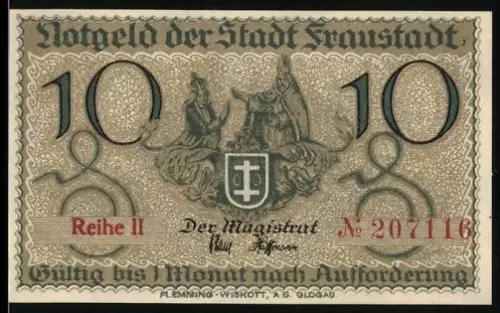 Notgeld Fraustadt, 10 Pfennig, Wappen mit Figuren und Gebäudeansicht