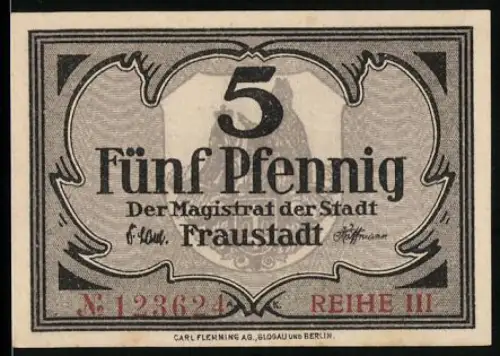 Notgeld Fraustadt, 5 Pfennig, mit Stadtwappen und dekorativer Umrahmung