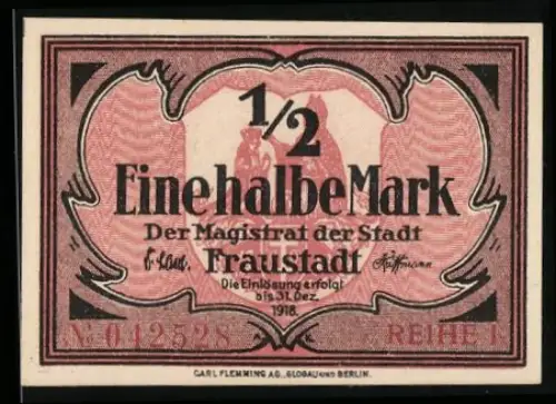 Notgeld Fraustadt 1918, 1/2 Mark, Wappen der Stadt Fraustadt mit Magistratsangabe