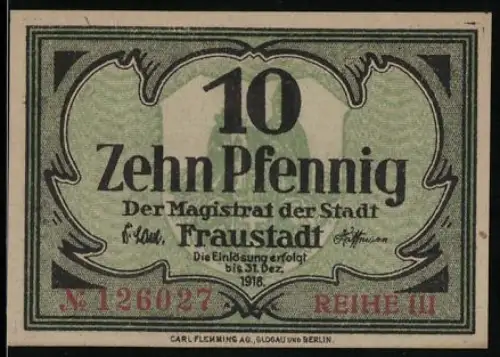 Notgeld Fraustadt 1918, 10 Pfennig, mit Wappen der Stadt Fraustadt im Hintergrund