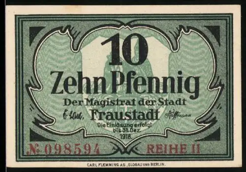Notgeld Fraustadt 1918, 10 Pfennig, grünes Muster mit Stadtwappen