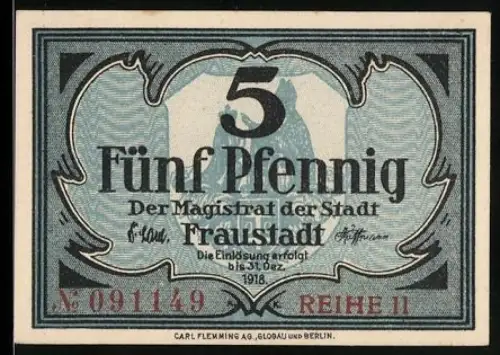 Notgeld Fraustadt 1918, 5 Pfennig, Wappen der Stadt Fraustadt