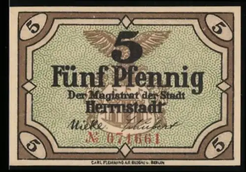 Notgeld Herrnstadt, 5 Pfennig, Adler und Stadtwappen
