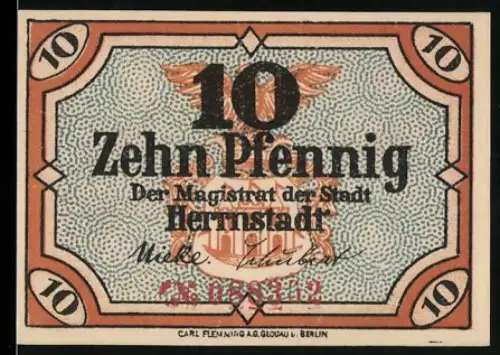 Notgeld Herrnstadt, 10 Pfennig, Wappen und Adlerflügel