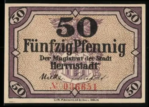 Notgeld Herrnstadt 1919, 50 Pfennig, Adler und Wappen von Herrnstadt