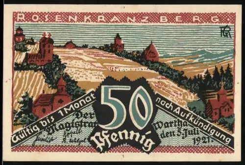 Notgeld Wartha 1921, 50 Pfennig, Rosenkranzberg, Landschaft und Mutter Maria mit Kind