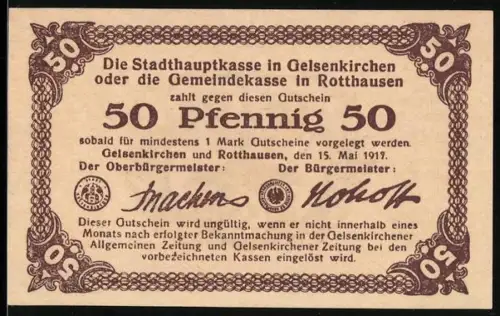 Notgeld Gelsenkirchen 1917, 50 Pfennig, Wappen mit Kirche und Hammermotiv