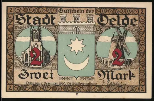 Notgeld Oelde 1920, 2 Mark, Kirche, Windmühle, Stadtwappen und Tanzszene