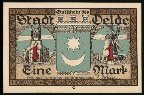 Notgeld Oelde 1920, 1 Mark, Kirche, Windmühle und Tanzkreis-Motiv