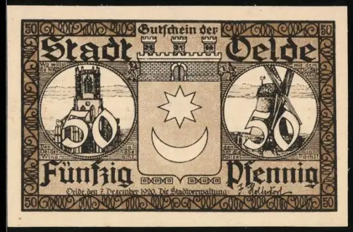 Notgeld Oelde 1920, 50 Pfennig, Stadtwappen und Tanzszene mit Pinzenkranz