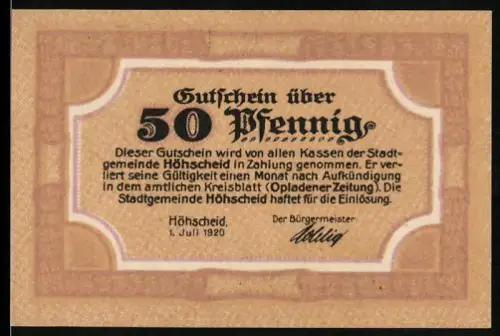 Notgeld Höhscheid 1920, 50 Pfennig, Text mit Gutschein und Wasserzeichen der Stadt Höhscheid