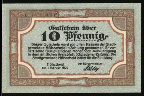 Notgeld Höhscheid 1920, 10 Pfennig, Sonnenaufgangsmotiv über Landschaft und Schriftzug