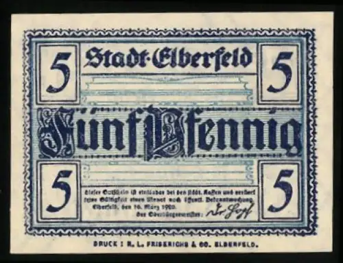 Notgeld Elberfeld 1920, 5 Pfennig, dekorativer Schriftzug und Zitate