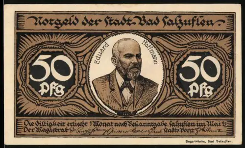 Notgeld Bad Salzuflen, 50 Pfennig, Porträt von Eduard Hoffmann und weisse Katze mit Wappen