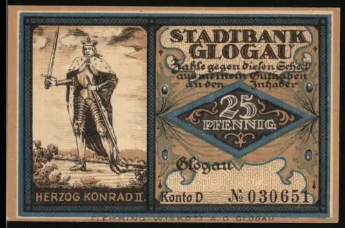 Notgeld Glogau, 25 Pfennig, Herzog Konrad II. und Domkirche aus dem Jahr 1250