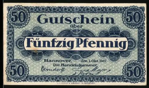 Notgeld Hannover 1917, 50 Pfennig, verzierte Bordüre und Schriftzüge