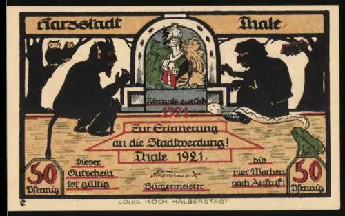 Notgeld Thale 1921, 50 Pfennig, Teufelsszene mit Hexe und Wappen, Hexentanzplatz mit Hirschgrundfelsen