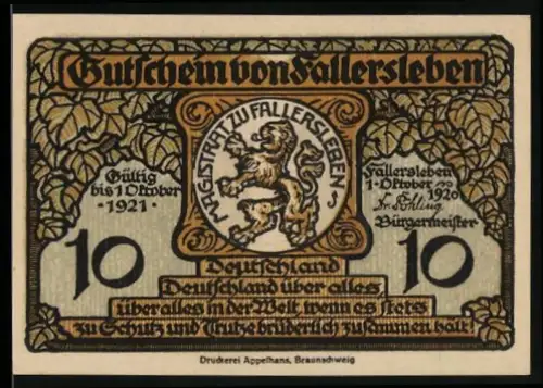 Notgeld Fallersleben 1920, 10 Pfennig, Wappen und Denkmal von Hoffmann von Fallersleben