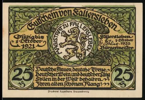 Notgeld Fallersleben 1920, 25 Pfennig, Hoffmann von Fallersleben und Schlossansicht