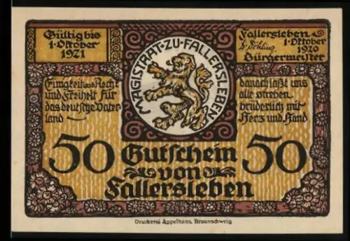 Notgeld Fallersleben 1920, 50 Pfennig, Dichterporträt und Geburtsort des Dichters