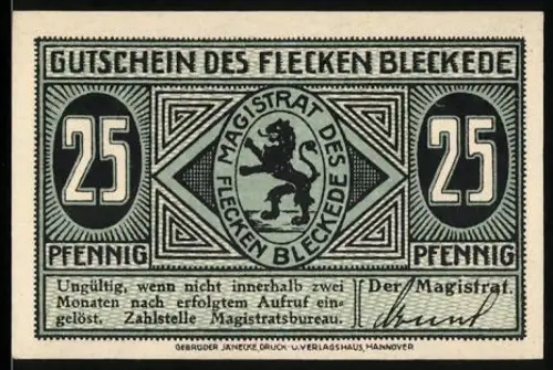 Notgeld Bleckede, 25 Pfennig, Löwe und alte Burgansicht