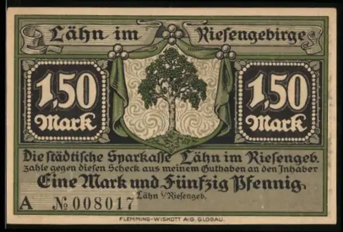 Notgeld Lähn i. Riesengeb., 1,50 Mark, Baum und Ortsansicht nach Abzug der Franzosen 1813