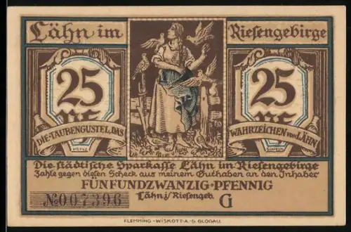Notgeld Lähn i. Riesengebirge, 25 Pfennig, Taubengustel und Stadtszene mit Rathaus und Brunnen