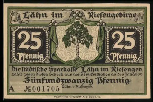 Notgeld Lähn i. Riesengeb., 25 Pfennig, Baum mit Fahnen und historische Landschaftsszene