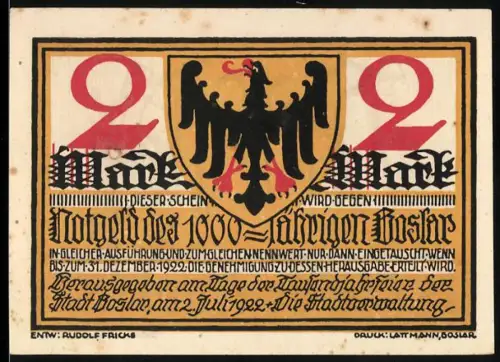 Notgeld Goslar 1922, 2 Mark, Kaiser mit Ritter und Wappen mit Adler