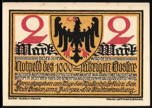 Notgeld Goslar 1922, 2 Mark, Wappenadler und Harzfrau mit Bergmann