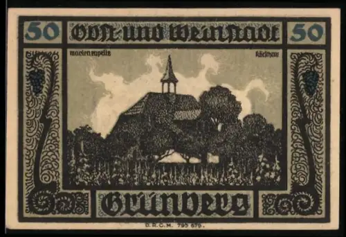 Notgeld Grünberg i. Schl., 50 Pfennig, Kirche und Türme mit Weintraubenornamenten