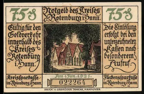 Notgeld Rotenburg i. Hann. 1921, 75 Pf, Fachwerkhäuser und arbeitender Maurer