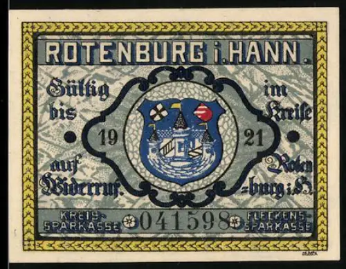Notgeld Rotenburg i. Hann. 1921, 25 Pfennig, Wappen und Bauer bei der Feldarbeit