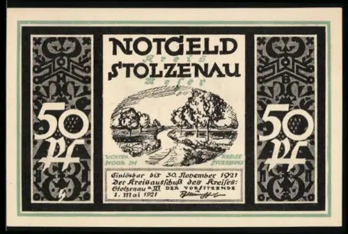 Notgeld Stolzenau 1921, 50 Pf, Flusslandschaft und Wilhelm Busch Karikatur
