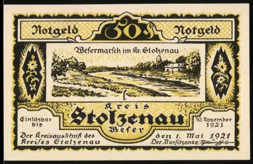 Notgeld Stolzenau 1921, 50 Pfennig, Landschaft der Wesermarsch und Gedicht von W. Busch