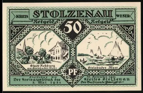 Notgeld Stolzenau 1921, 50 Pfennig, Rehburg am Steinhuder Meer und Segelboote auf dem Steinhuder Meer