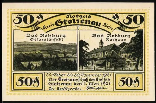 Notgeld Stolzenau 1921, 50 Pf, Ansichten von Bad Rehburg und Wilhelm Busch Zitat