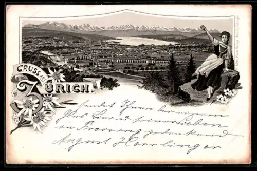 Lithographie Zürich, Gesamtansicht, Frau in Tracht