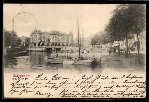 AK Rotterdam, Hafenpartie mit Booten und Promenade