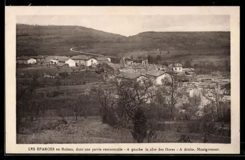 AK Les Eparges, En Ruines, dont une partie reconstruite, A gauche la côte des Hures