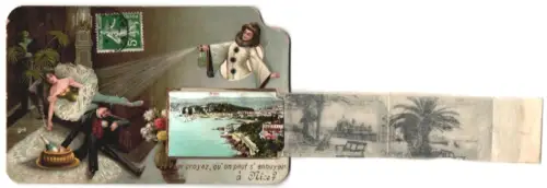 Leporello-AK Nice, La Promenade au Midi, Le Palais de la Jetée, Allée des Palmiers au Château, Intérieur du Port