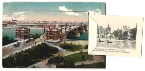 Leporello-AK Budapest, Margarethenbrücke, Parlament, König. Burg, Opernhaus, Ketten-Brücke, Fischer-Bastei