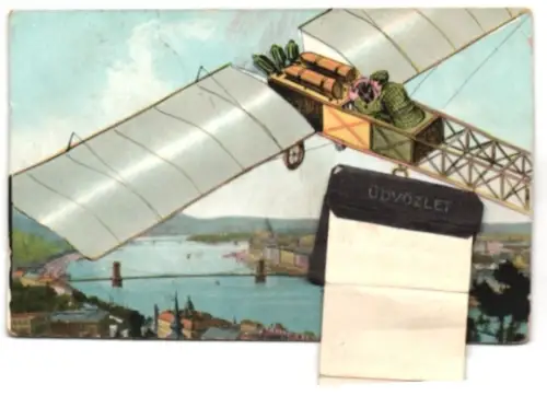 Leporello-AK Budapest, Flugzeug mit Ansichten von Elisabetbrücke, Freiheitsplatz, Westbahnhof, Ostbahnhof, Parlament