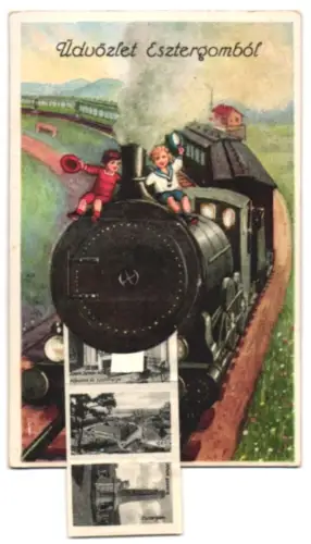 Leporello-AK Esztergom, Bazilika, Duna a vashiddal, Bazilika és primási palota, Hösök Szobra