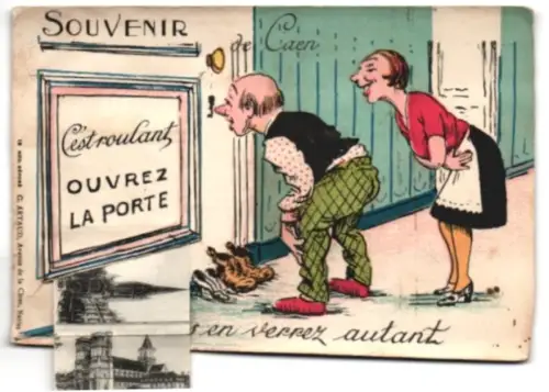 Leporello-AK Caen, Entrée de Château, L`Église Saint-Etienne, Théâtre Municipal, Boulevard Saint Pierre, Hôtel de Ville