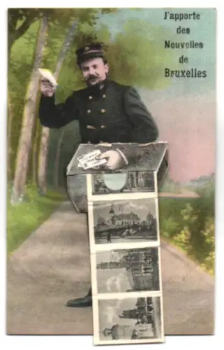 Leporello-AK Bruxelles, Briefträger mit Stadtansichten in der Tasche