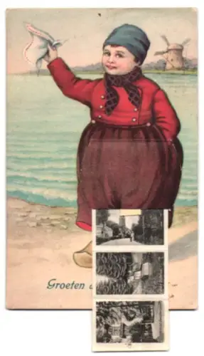 Leporello-AK Apeldoorn, Wilhelminapark, R. K. Kerk, Gemeentehuis, Gedenknaald, Winkendes Mädchen vor Windmühle