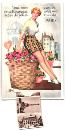 Leporello-AK Paris, Place de la Concorde, Moulin Rouge, Arc de Triomphe, Tour Eiffel, Dame mit Rosenkorb